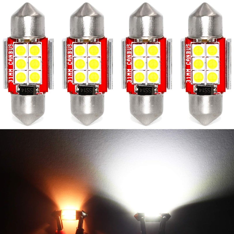 PHINLION Super Bright DE3175 LED White Bulb 500 Lumens 3030 6-SMD Festoon 1.25" 31mm DE3021 DE3022 Miniature LED Bulbs for Car Interior Map Dome Trunk Courtesy License Plate Light, Pack of 4 - Image 1